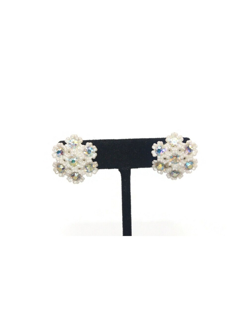 Vintage White Plastic and AB Rhinestones Floral Screw Back Earrings.